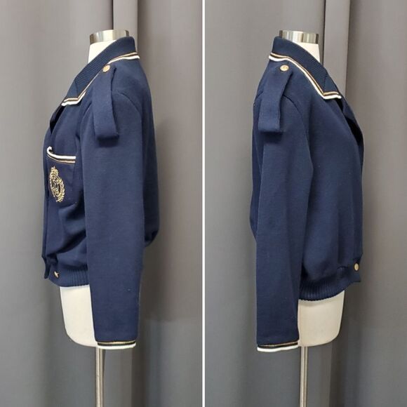 Vintage 80s Navy Blue Gold Crest Knit Nautical Collared Preppy Cardigan Sweater - Picture 3 of 7